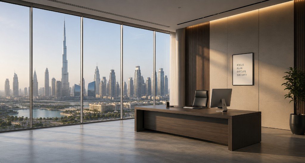 Executive office with Dubai skyline and Burj Khalifa view — office relocation cost estimate